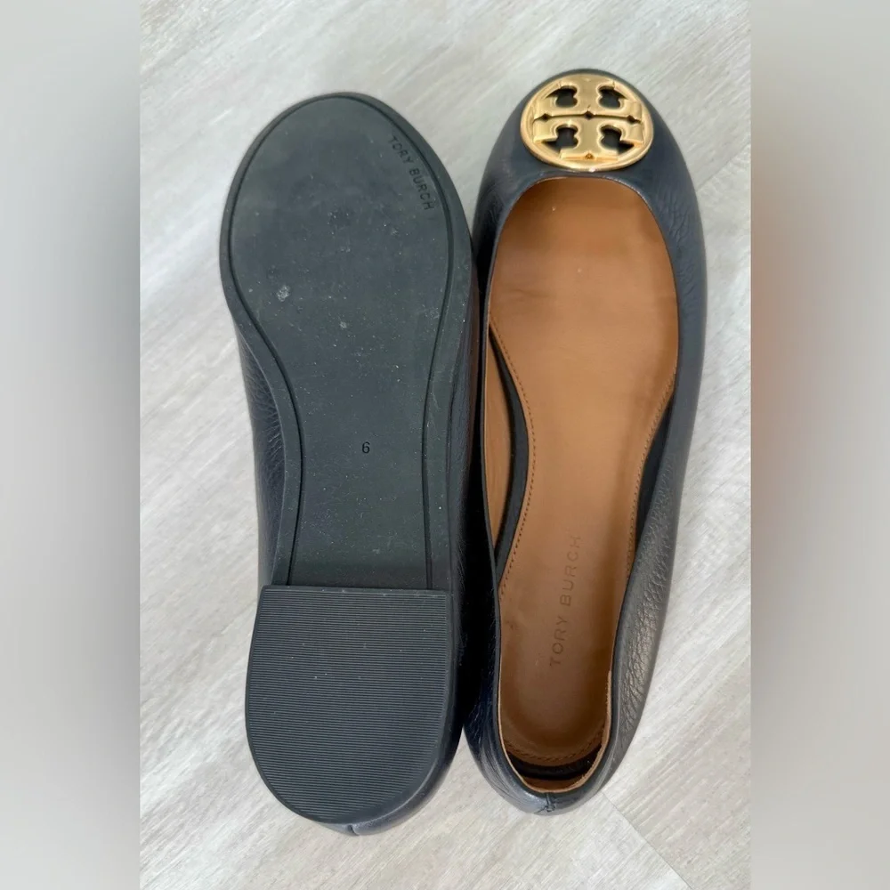 Tory Burch Benton Ballet Flats Shoes Black Nappa Leather Gold Tone Logo Size 6